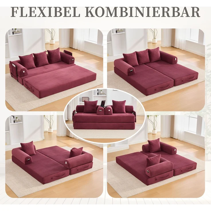 LVHOM Schlafsofa 3 Sitzer, Klappsofa mit Schlaffunktion, Bodensofa, Polstersofa aus CordStoff, Schlafcouch dauerschläfer, frei Kombination, 200x94x67 cm, Weinrot – Bild 3