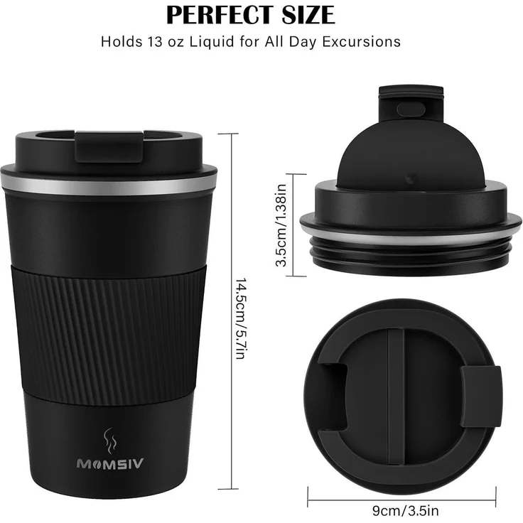MOMSIV Thermobecher Isolierbecher 380ml Edelstahl Travel Mug Schwarz – Bild 7