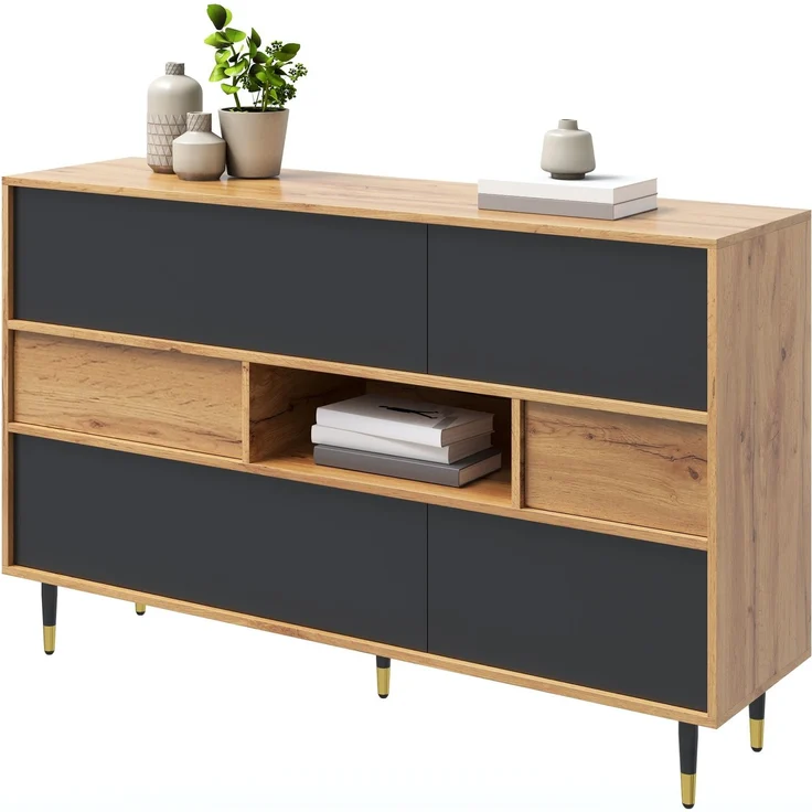 DESVIAE Sideboard Natur/Schwarz aus MDF/Spanplatte – 140x84,5x40 cm – 2 Schubladen, Klappfronten – Bild 7