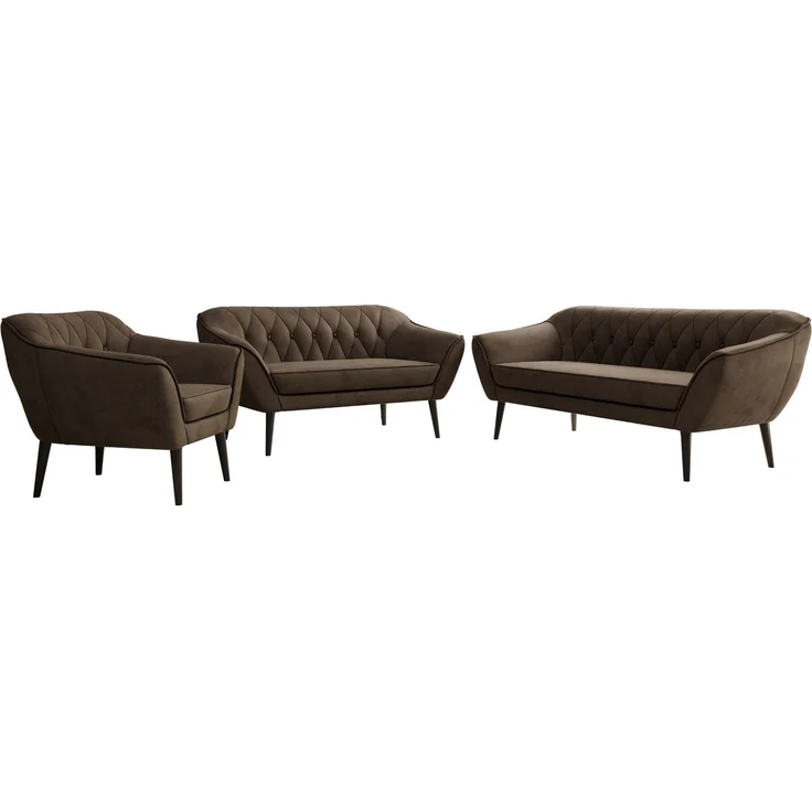 Wohnzimmerset PIRS 1-2-3, Skandinavisches Komplettset, Wellenfederung, schwarze Füße, Sitzgruppe, Möbelset - Braun Velvet – Bild 6