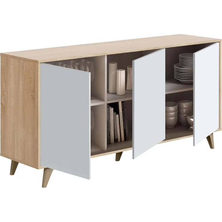 Habitdesign, modernes Sideboard mit 3 Türen – Buffet für Wohnzimmer oder Esszimmer, Beistellschrank mit viel Stauraum in Artik weiß & Eiche, Maße: 154 x 75 x 40 cm (B x H x T), Modell Kikua Plus – Bild 4
