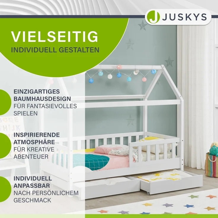 Juskys 'Marli' Kinderbett, mit Matratze, Bettkasten, Rausfallschutz, Lattenrost & Dach - Massivholz Hausbett für Kinder - Bett in Weiß, 80x160 cm – Bild 5
