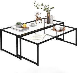 HOMCOM Couchtisch-Set, Transparentes Glas und schwarzes Metall, 2-teilig, stapelbar, 56x44,5x119 cm