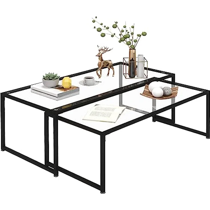 HOMCOM Couchtisch-Set, Transparentes Glas und schwarzes Metall, 2-teilig, stapelbar, 56x44,5x119 cm – Bild 1