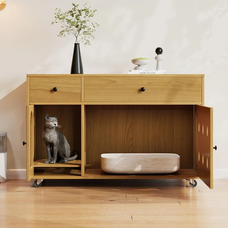 Katzenkloschrank (bewegliche Katzentoilette) – Katzenschrank/Katzenhaus mit abnehmbare Sandablassplatte, geruchsisoliert, ohne Katzenklo, 100×45×66 cm (Naturholzfarbe, Gelbmaplefarbe) – Bild 3