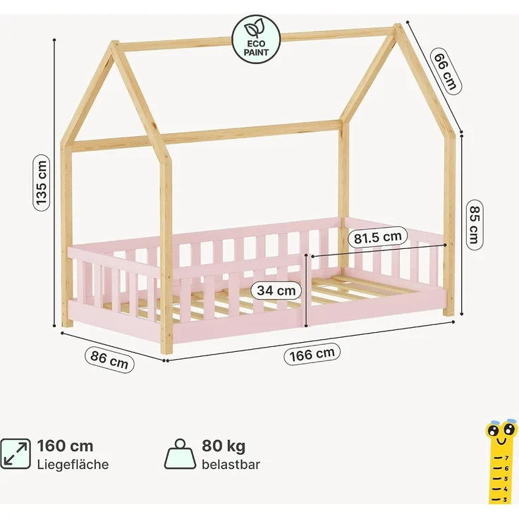 Hausbett Hesel mit Rausfallschutz 80x160 cm Rosa/Natur [en. casa] – Bild 2