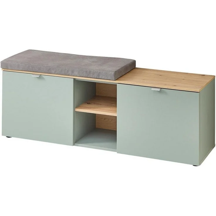 Stella Trading BARI Schuhbank in Schilfgrün, Artisan Eiche Optik FSC-Zertifiziert - Moderne Sitzbank mit Stauraum für Ihren Flur - 128 x 50 x 38 cm (B/H/T) – Bild 3