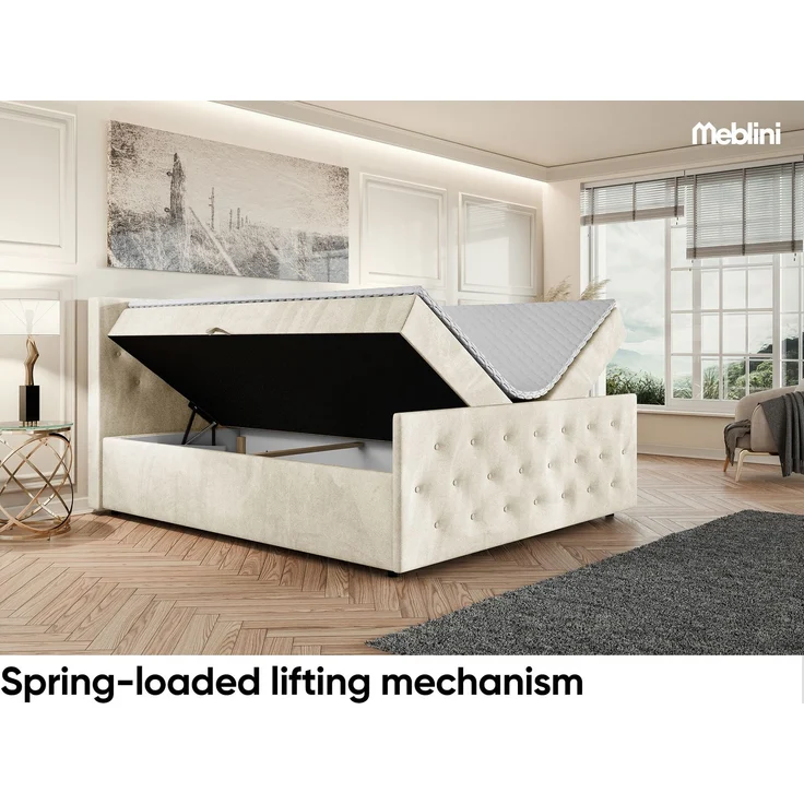 MEBLINI Boxspringbett PEDRO 180x200cm - H3P/Creme Samt - mit Bettkasten - Polsterbett - Doppelbett mit Topper & Taschenfederkern-Matratze – Bild 3