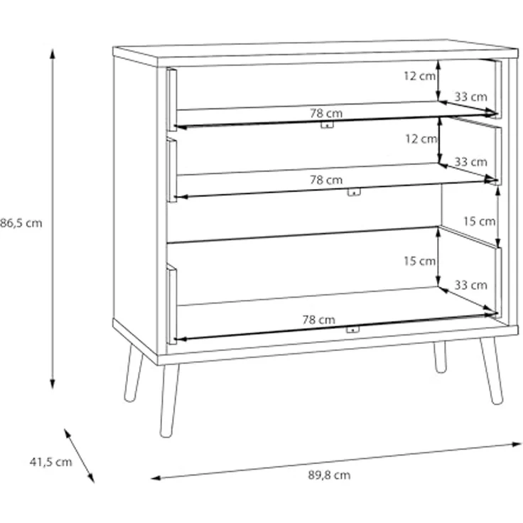 Forte HARLLSON Sideboard 90, Mid-Century-Modern Stil, leichte Montage Dank EasyKlix by Forte, 3 Schubladen, hohe Füße, Holzwerkstoff, Weiß, 89,8 cm breit x 86,5 cm hoch x 41,5 cm tief – Bild 7