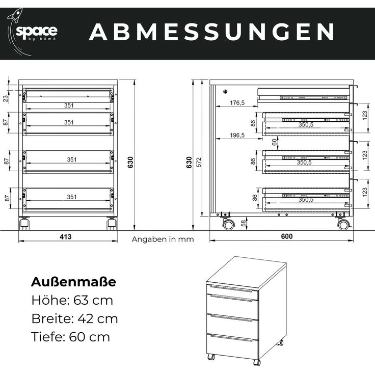 bümö Space Rollcontainer mit Schubladen, Container aus Holz in weiß - Rollwagen für's Büro als Schreibtisch Unterschrank, Bürocontainer od. Schreibtischcontainer, SPCRC-84 – Bild 8