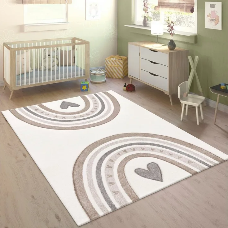 Paco Home Kinderteppich Cosmos 351, rechteckig, Höhe: 16 mm, Kurzflor, Spielteppich, Motiv Regenbogen & Herz, Kinderzimmer