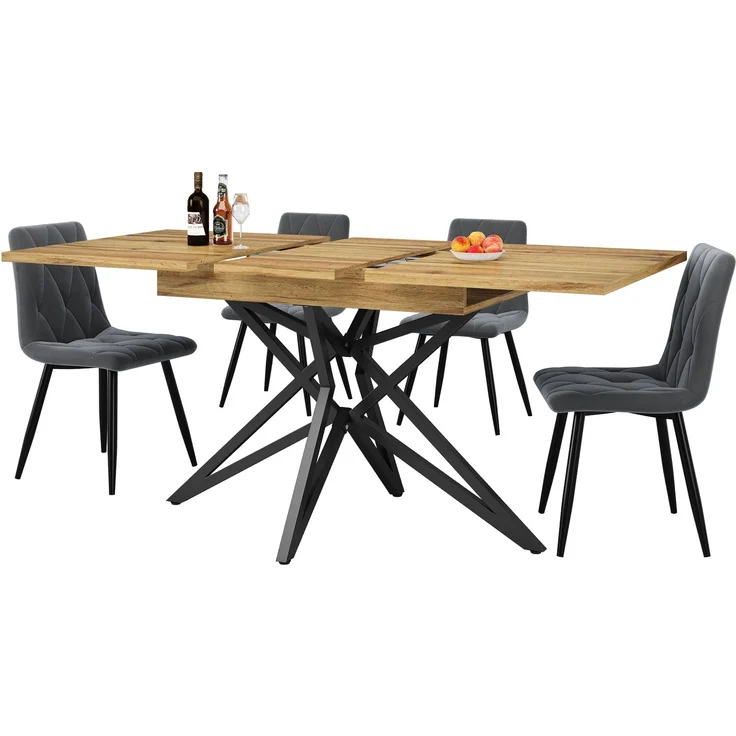 Ausziehbarer Esstisch 120 (160) x 80 cm, ausziehbarer Küchentisch, Frühstückstisch, sternförmige Tischbeine, schwarze Eisenbeine, Tischplatte aus Walnussholz/Marmorimitat – Bild 5