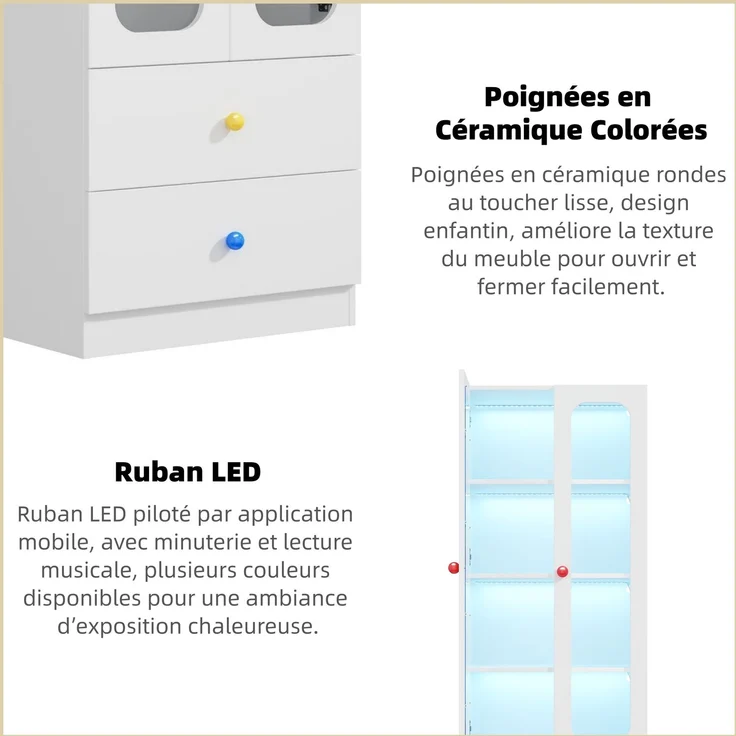 ZUBALIYA Glasvitrine, Aktenschrank, Sammelfiguren-Vitrine, 4 Ebenen Spielzeugschrank mit 2 Schubladen, RGB-LED-Beleuchtung per App steuerbar, Kindermöbel, bunte kugelförmige Keramikgriffe, weiß, 60x35x170 cm – Bild 15