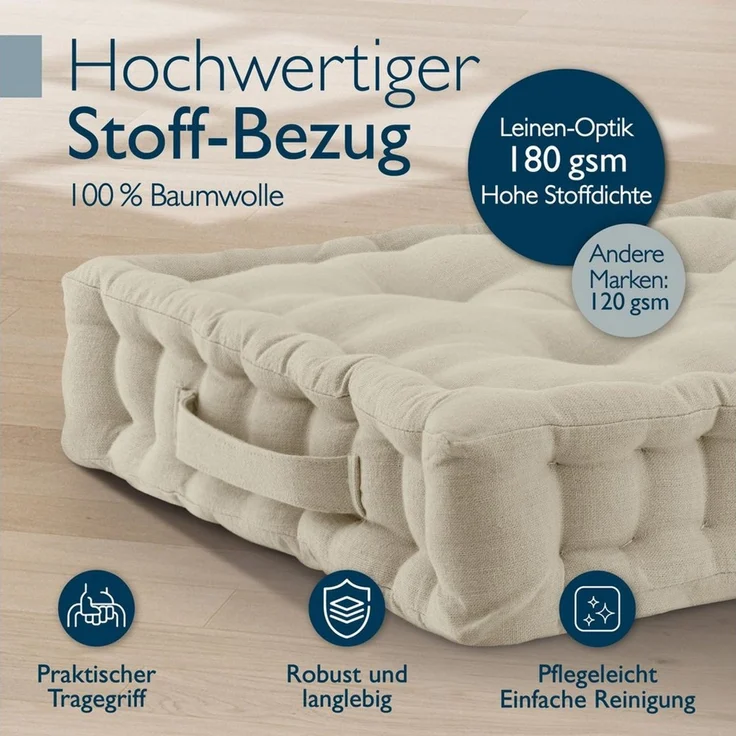 Beautissu Stuhlkissen 4er Set Bodenkissen Sitzkissen Mila, 50x50cm, Leinen, Matratzenkissen 10cm, 100% Baumwolle Stuhlkissen Indoor & Outdoor – Bild 4