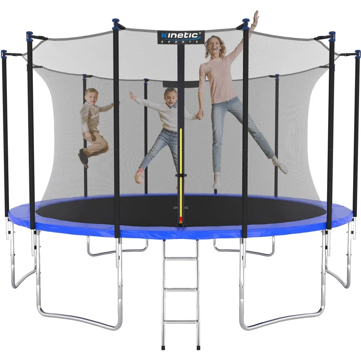 KINETIC SPORTS Trampolin Outdoor SALTO - Kindertrampolin Gartentrampolin Set mit Leiter, Netz, Randpolster, USA Sprungtuch, bis zu 160kg, Blau, Ø 430 cm – Bild 1