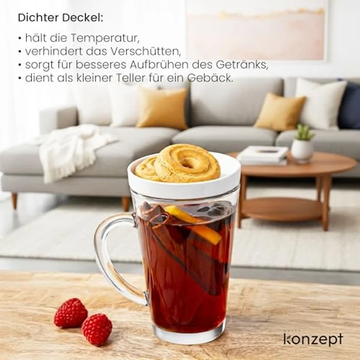KONZEPT Teeglas Mit Deckel – 300 Ml Mit Henkel, 1-tlg, aus Glas Mit Deckel, hitzebeständig & spülmaschinengeeignet – Bild 4