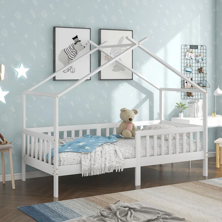 Hausbett 90×200 cm mit Rausfallschutz und Lattenrost, Weiß, ohne Matratze – Bild 2