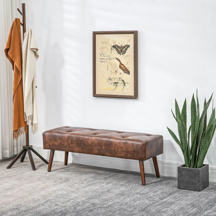 Rayofly-Vintage gepolsterte Bettbank am Fußende, Holzbeine antikisiert, Braun, H 42cm x T 114cm x B 38cm – Bild 4