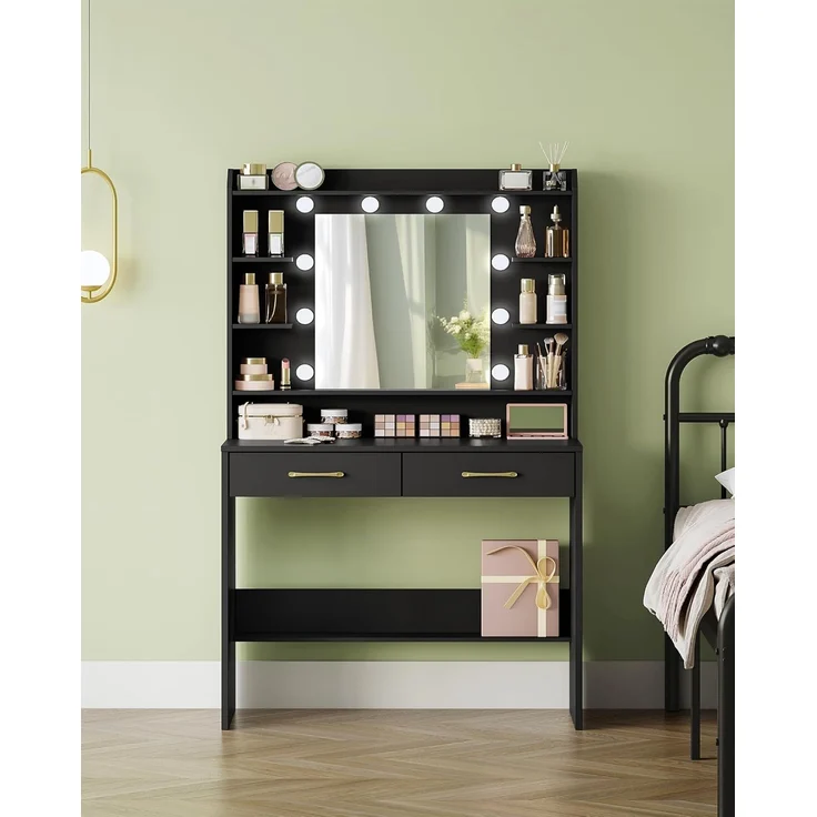 Schminktisch mit Spiegel, Schminktisch mit Ablageflächen und 2 Schubladen, für Schlafzimmer, Wohnzimmer, Verstellbare Helligkeit, 40 x 80 x 149 cm, Schwarz – Bild 6