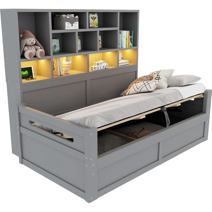 Schlafsofa aus Holz, 90 x 200 cm, Multifunktionaler Stauraum mit LED-Beleuchtung, Hydraulisches Staufach, Einzelbett, Jugendbettgestell mit Steckdosen, Grau – Bild 7