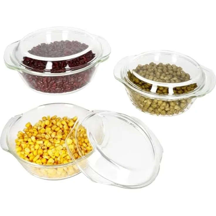 MamboCat Auflaufform 3tlg Set Brat- & Backform 0,7L 1L 1,5L Deckel Auflaufform rund Glas, Glas