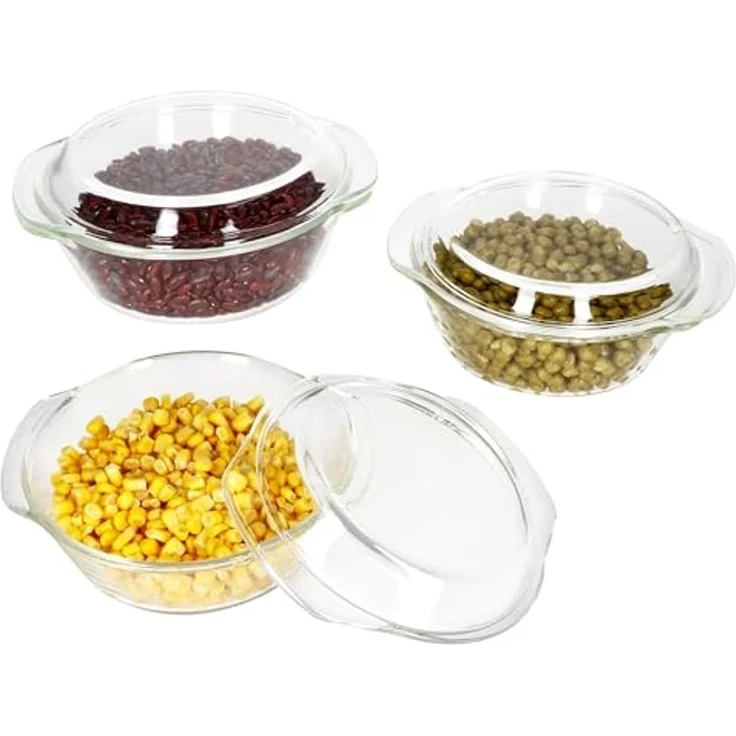MamboCat Auflaufform 3tlg Set Brat- & Backform 0,7L 1L 1,5L Deckel Auflaufform rund Glas, Glas – Bild 1