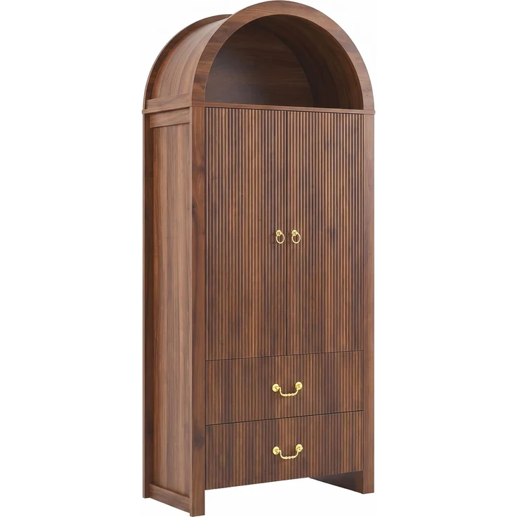 Hochschrank, B 76 x T 38 x H 180 cm, MDF und Spanplatte in Nussbaumoptik, mit LED-Beleuchtung – Bild 6