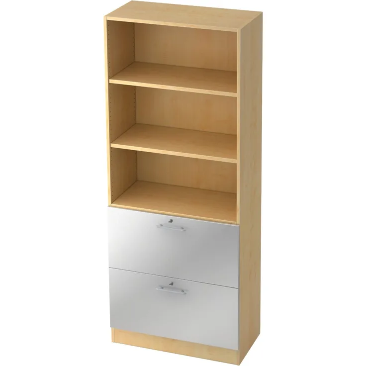 bümö office Aktenschrank mit Hängeregister-Schubladen abschließbar, Büroschrank Holz, 80cm breit in Ahorn/Silber - Hängeregistratur für Hängeordner, Büro Schrank mit Relinggriffen, 7300-3-S-RE