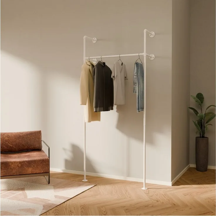 pamo. design Kleiderständer KIM Kleiderstange Wandmontage, offener Kleiderschrank, Kleiderständer, Weißer Garderobenständer im Industrial Design für Kleidung