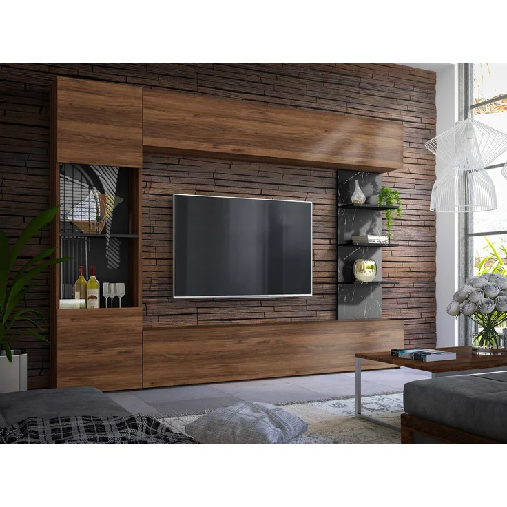 Wohnwand Lazando, ohne Beleuchtung, Farbe: Nuss Warmia / Marmor Schwarz – Bild 3