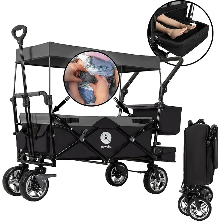 Miweba Bollerwagen MB-20 faltbar Transportwagen Kinder Faltwagen Handwagen Dach (Schwarz/Grau)