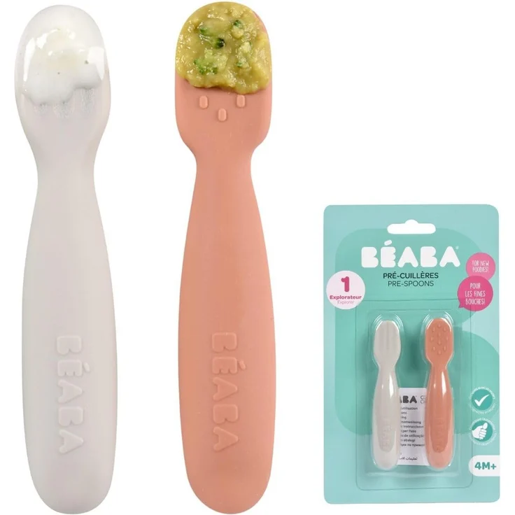 BÉABA, 2er-Set Babylöffel 1. Lebensjahr, Silikon-Pre-Löffel, Babybesteck, ab 4 Monaten, Ergonomische Form, Verschiedene Texturen, Ergonomischer Griff, Terrakotta/Samtgrau