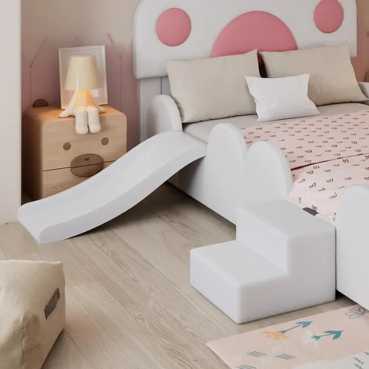Kinderbett mit Rutsche, Treppe, gepolstertem Kopfteil und Rausfallschutz, 90x200cm, Einzelbett Polsterbett, Kunstleder – Bild 4