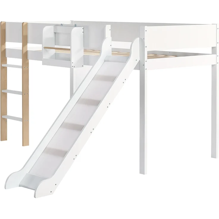 Hochbett Kinderbett 90x200 mit Rutsche, Leiter und Regal, aus Kiefer MDF, Etagenbett Jugendbett, weiß-natur – Bild 7
