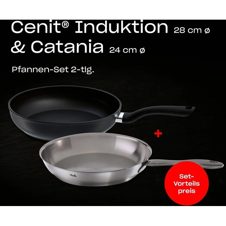 Fissler Pfannen-Set, 2-teilig / Catania unbeschichtete Edelstahl-Pfanne (Ø 24 cm) & Cenit beschichtete Aluminium-Pfanne( Ø 28 cm) – Induktions-geeignet, Schwarz – Bild 2