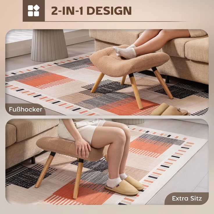Moderner Fußhocker mit Fleece-Bezug und Holzbeinen, gepolstert, für Wohnzimmer, Schlafzimmer, Flur, Braun--Braun--67x45x38cm--YOUDENOVA – Bild 7