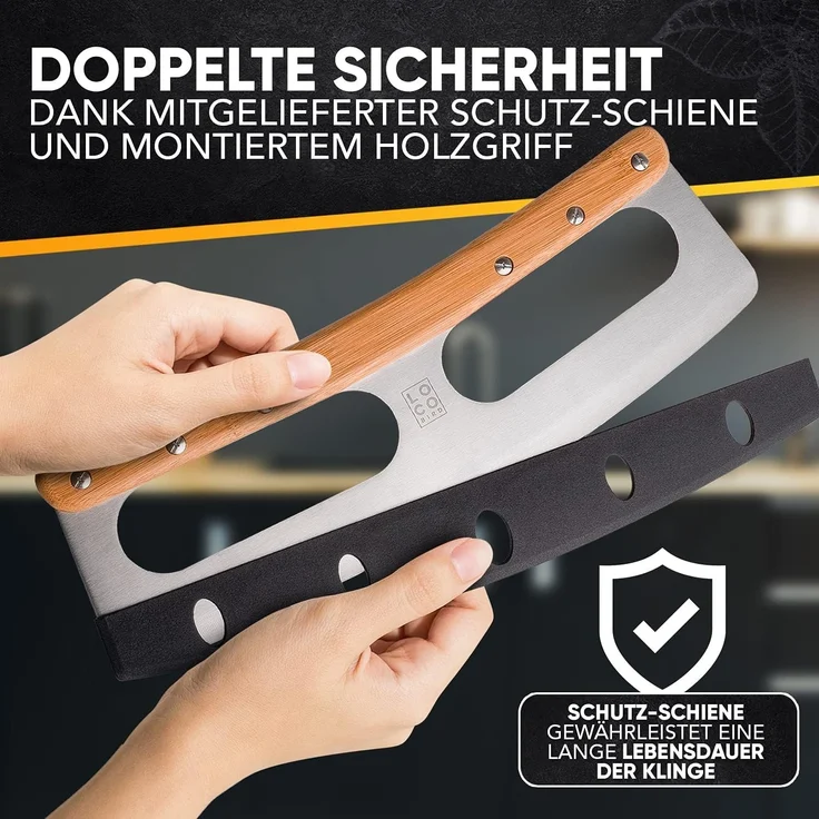 Loco Bird Pizzaschneider aus Edelstahl mit Bambusgriff und mit Klingenschutz, Allzweck-Wiegemesser: scharfe Klinge, robuster Griff - Edelstahl – Bild 2
