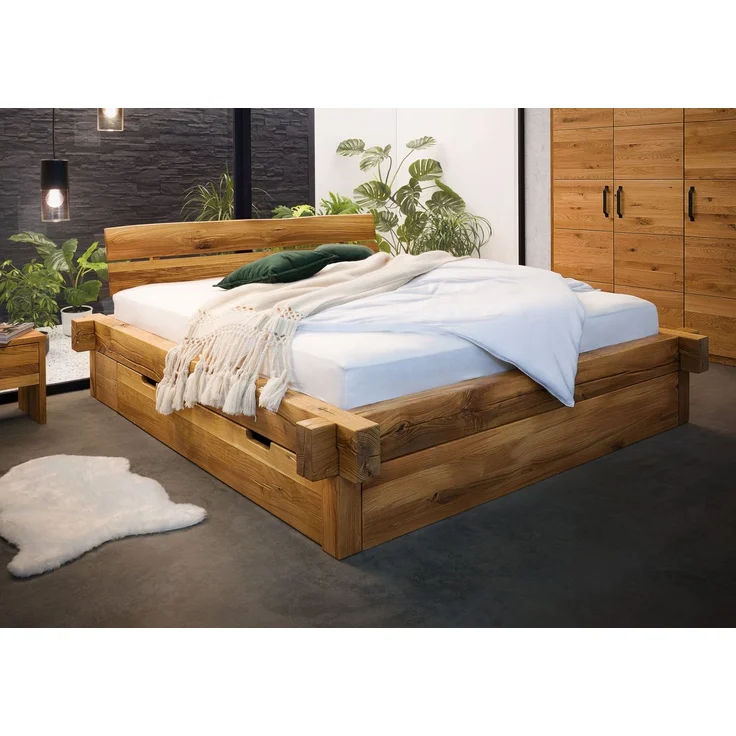 Balkenbett mit Bettkasten Wildeiche 180x200x85 natur geölt JANGALI #620 – Bild 9