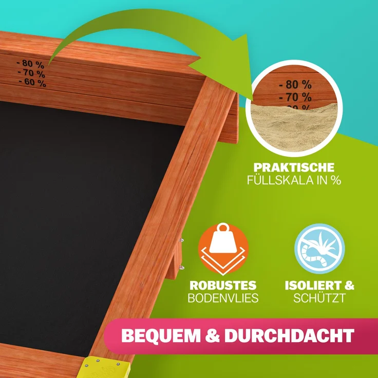 Spielwerk Sandkasten 'Merle' mit Dach und Veranda, Fichtenholz braun, 130 x 225 x 143 cm – Bild 6