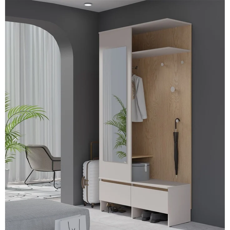 Marmex Möbel NEL L Garderobenschrank, Garderobe mit Spiegel und Kleiderstange, Dielenschrank, Kompaktgarderobe, laminierte Spanplatte, graubeige cashmere + cremona torro, 110x210x38 cm – Bild 1