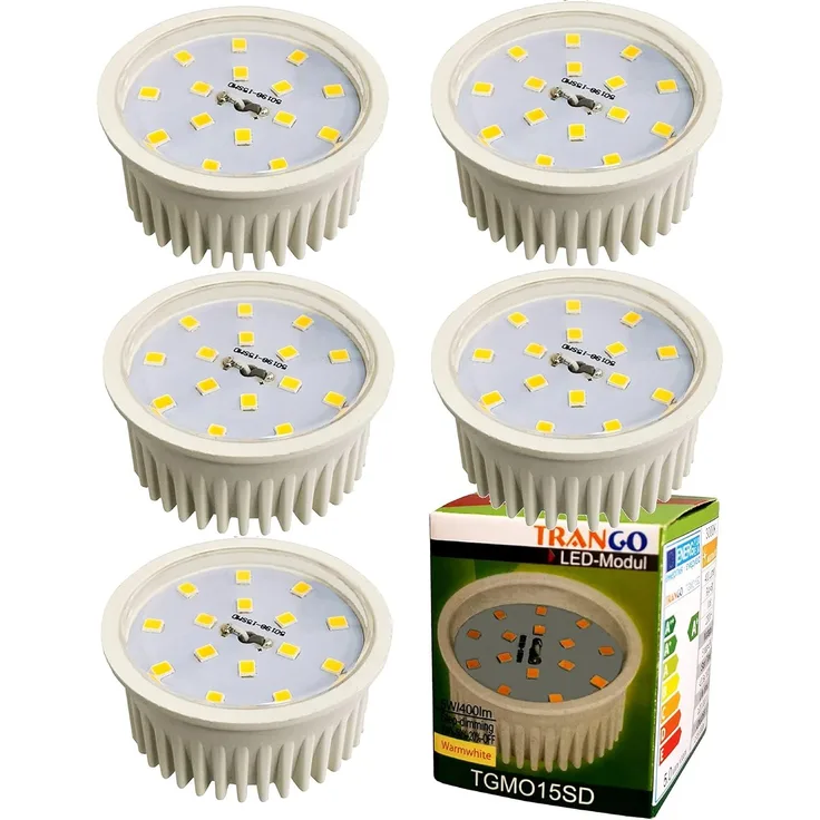 TRANGO LED Einbaustrahler, 5er Pack MO15SD-5 Ultra flach 5Watt 3 Stufen dimmbar LED Modul 3000K warmweiß zum Austauschen GU10 & MR16 Halogen Leuchtmittel, für Einbauleuchten, Deckenstrahler, Deckenleuchte, Spots