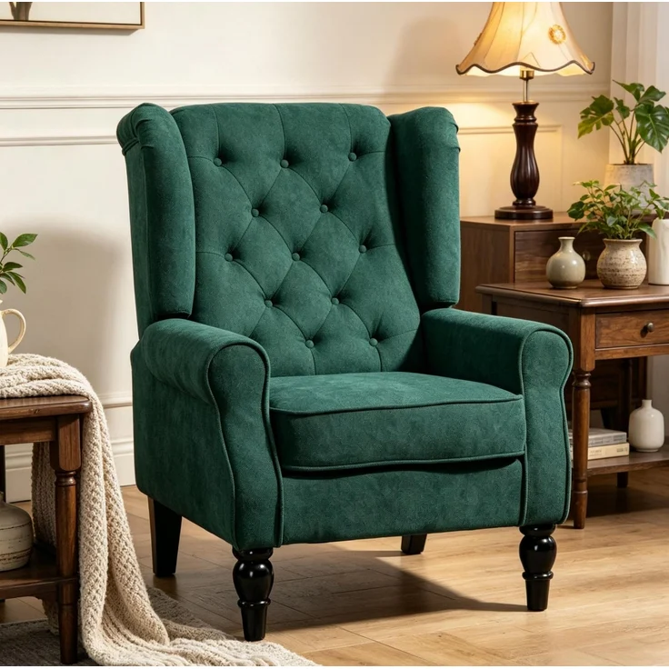 DESVIAE Sessel Dunkelgrün aus Polyester – 74x102x86 cm – Eukalyptusholzbeine, Ohren-Design, Kapitonierung – Bild 2