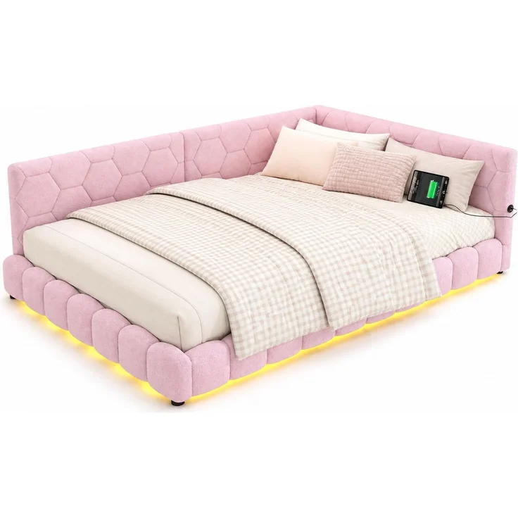 CHICFURN Bett aus Vliesimitat Rosa 140x200 cm mit LED-Beleuchtung und USB- und Type-C-Anschlüssen – Bild 7