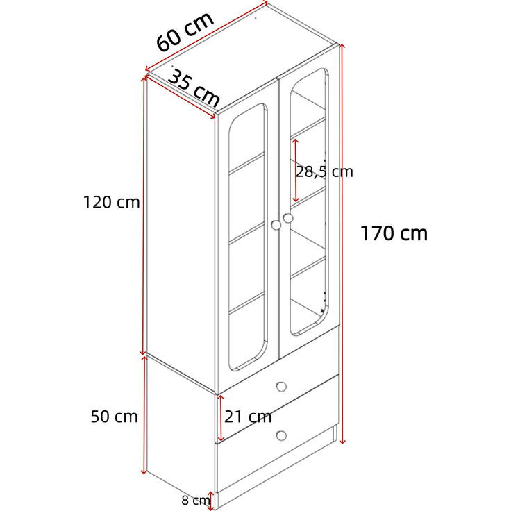 Glasvitrine 60x35x170 cm in Weiß mit LED-Beleuchtung, Glastüren und 2 Schubladen – Bild 5