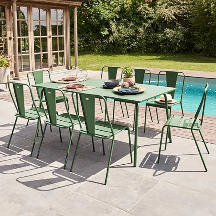 Oviala Gartentisch Palavas, Rechteckig, Dunkelgrün, Metall, 90x72x180 cm, für bis zu 8 Personen – Bild 9