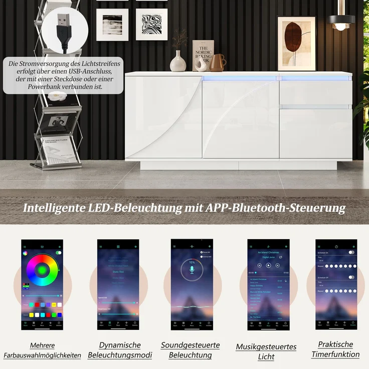 Sideboard 140 cm mit LED, Weiß Hochglanz, moderner Aufbewahrungsschrank mit 3 Türen, 1 Schublade & verstellbaren Regalen – Bild 8