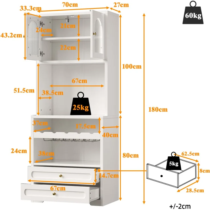 Hochschrank mit Glastüren, LED-Beleuchtung per App & Weinregal, 70x40x180 cm, Weiß – Bild 7