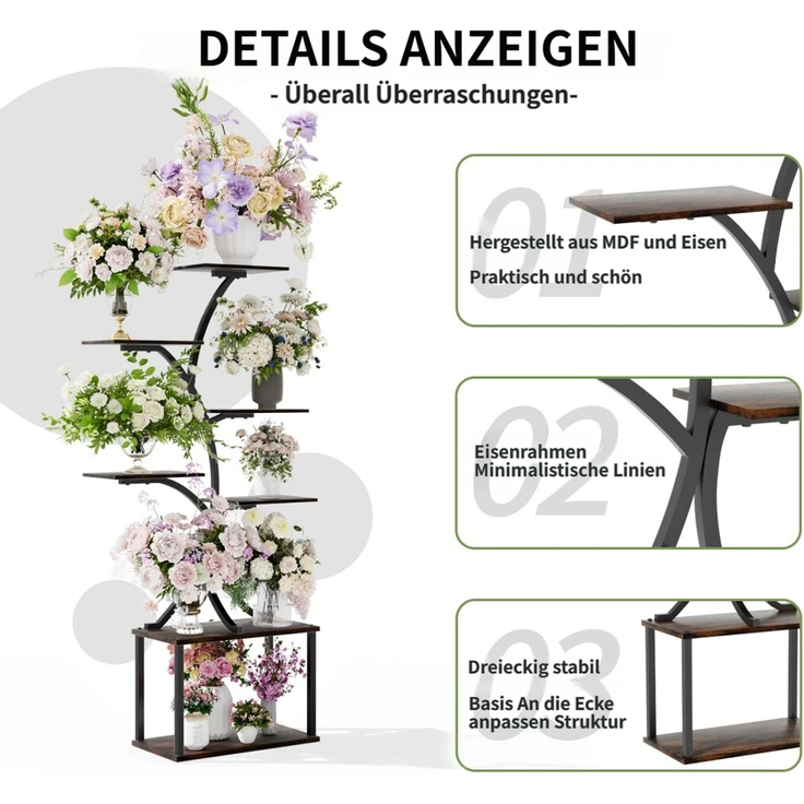 UNHO Pflanzenregal Blumenregal Blumentreppe Schwerlast Blumenständer Balkon Garten Pflanzentreppe Pflanzen Regal Metall 50x26x151 cm Schwarz – Bild 3