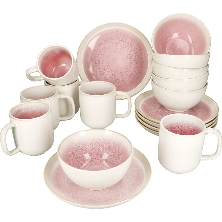 18tlg Frühstücksset Reactive Glaze Paris Steingut Teller Schalen Becher Pink – Bild 2