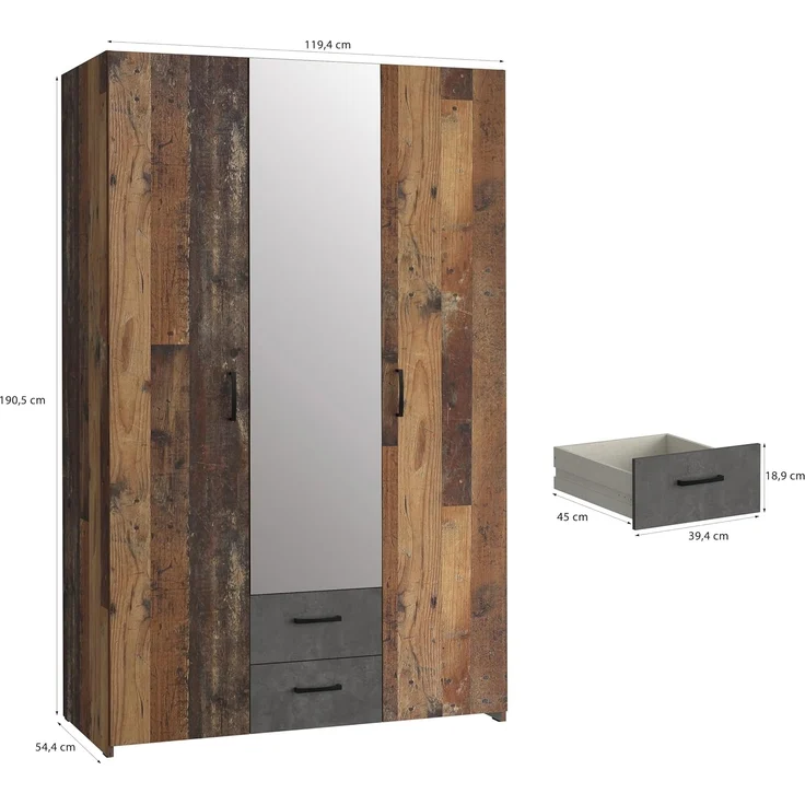 Forte ECONOBOX Kleiderschrank 120, rustikal, 3-türig, 2 Schubladen, Spiegel, Einlegeböden, Holzwerkstoff, Old Wood Vintage Holzdekor|Betonoptik Grau, 119,4 cm breit x 190,5 cm hoch x 54,4 cm tief – Bild 3